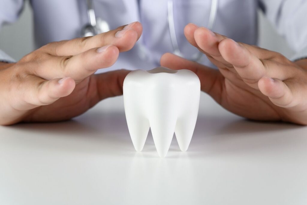 Close-up of hands shielding a tooth model, representing oral health and preventive dental treatment.