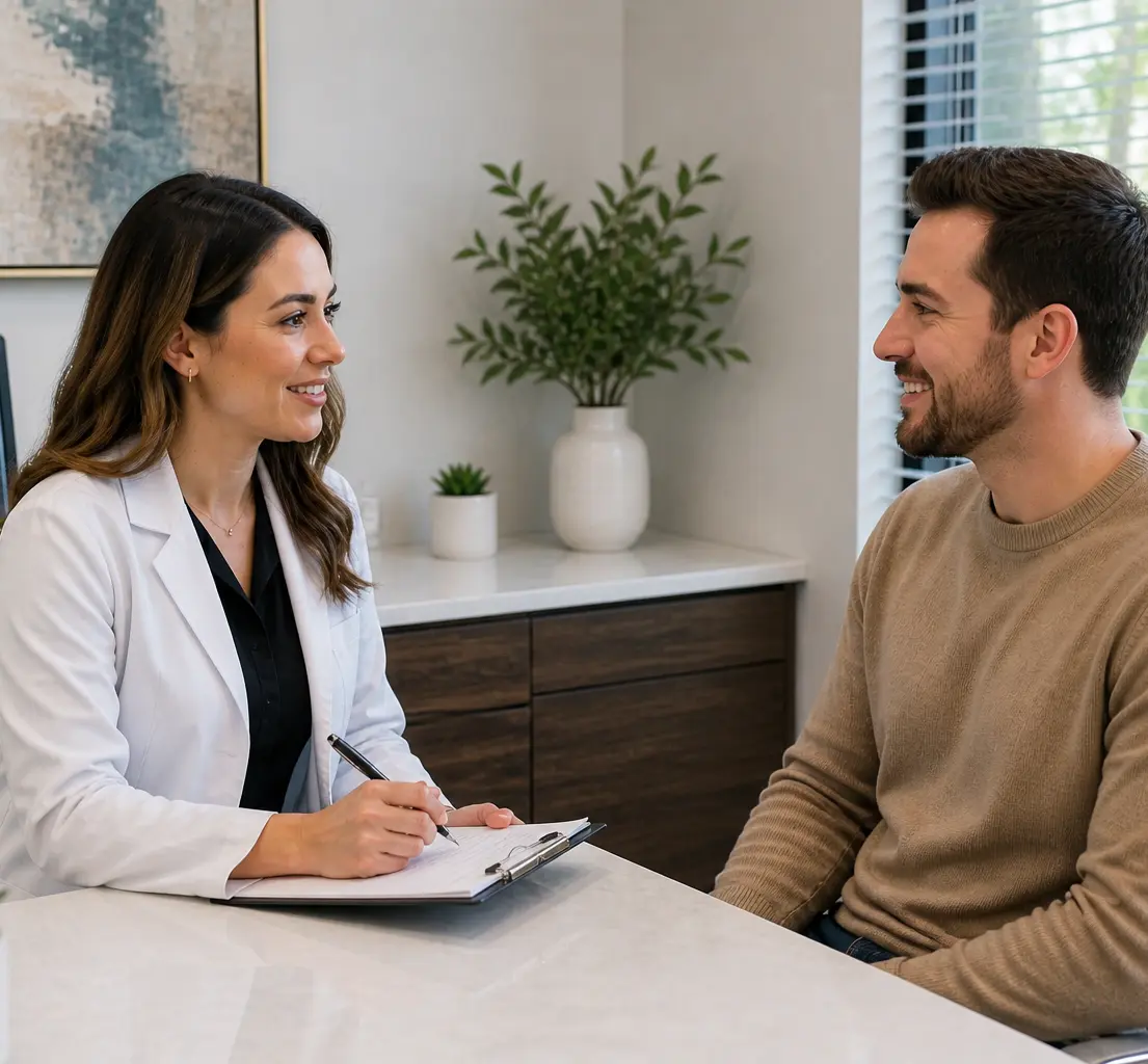 Female dentist writing notes while consulting with a male patient seated across a desk in a bright, modern dental office.