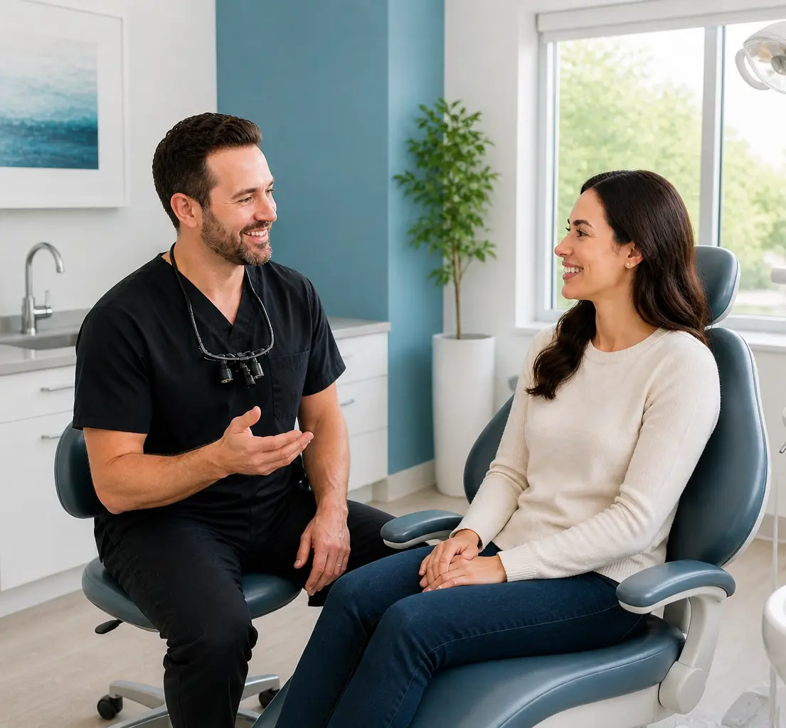 Dentist and patient seated in a modern dental clinic, smiling during a consultation, with bright natural light, clean equipment, and a calm, professional environment visible throughout the room.