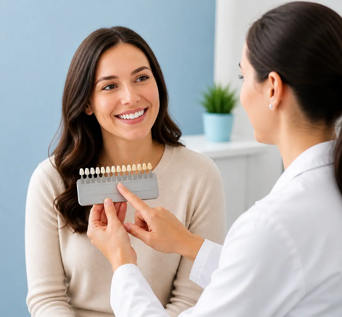Smiling patient seated in a modern dental clinic while a dentist holds a tooth shade guide, discussing teeth whitening options in a bright, clean, and professional environment.