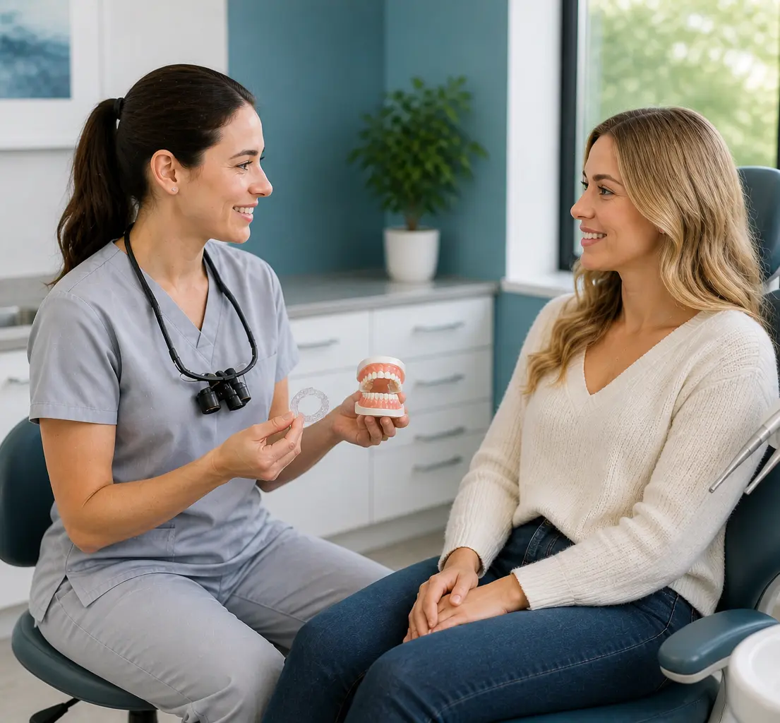 Dentist in gray scrubs discussing custom teeth whitening trays with a smiling patient seated in a bright, modern dental office.