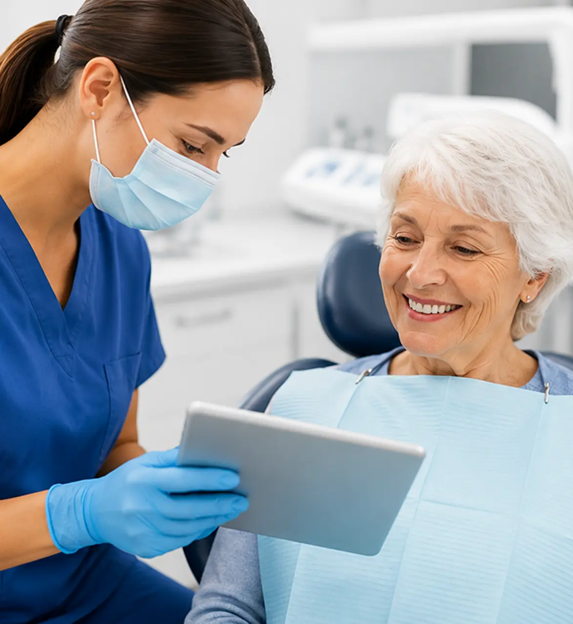 Senior patient consulting with dental hygienist during preventive care appointment.