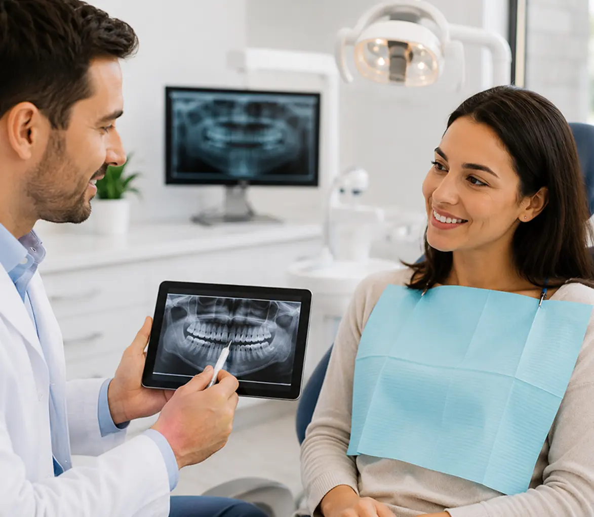 Dental professional explaining treatment options using tablet and panoramic X-ray.