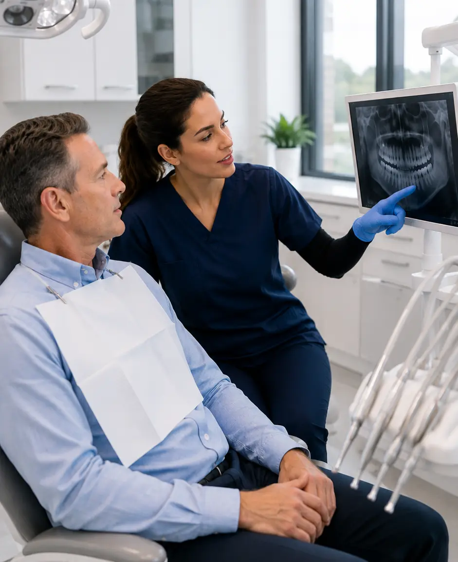 Restorative dentistry consultation with digital X-rays