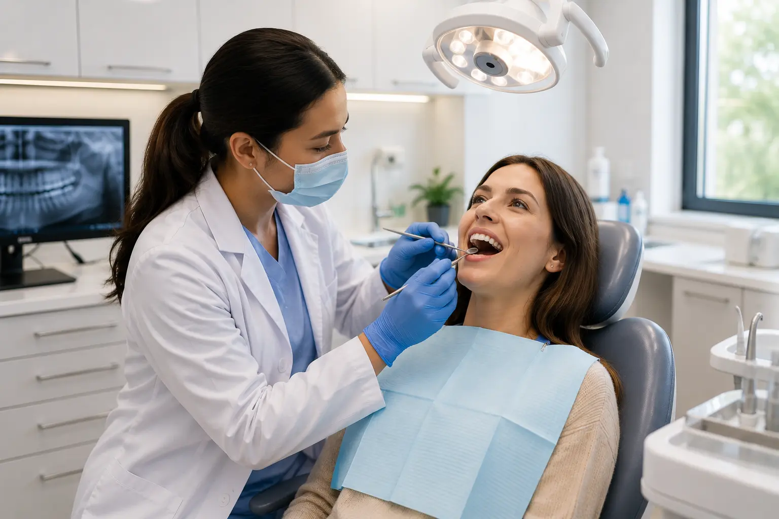 Dentist performing routine restorative dental procedure.