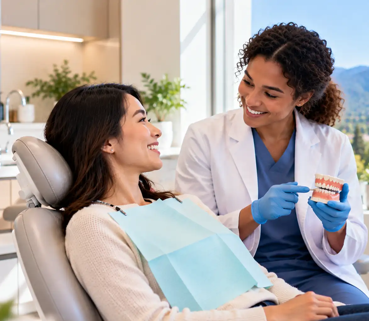 Dentist discussing oral care with patient in modern dental clinic.