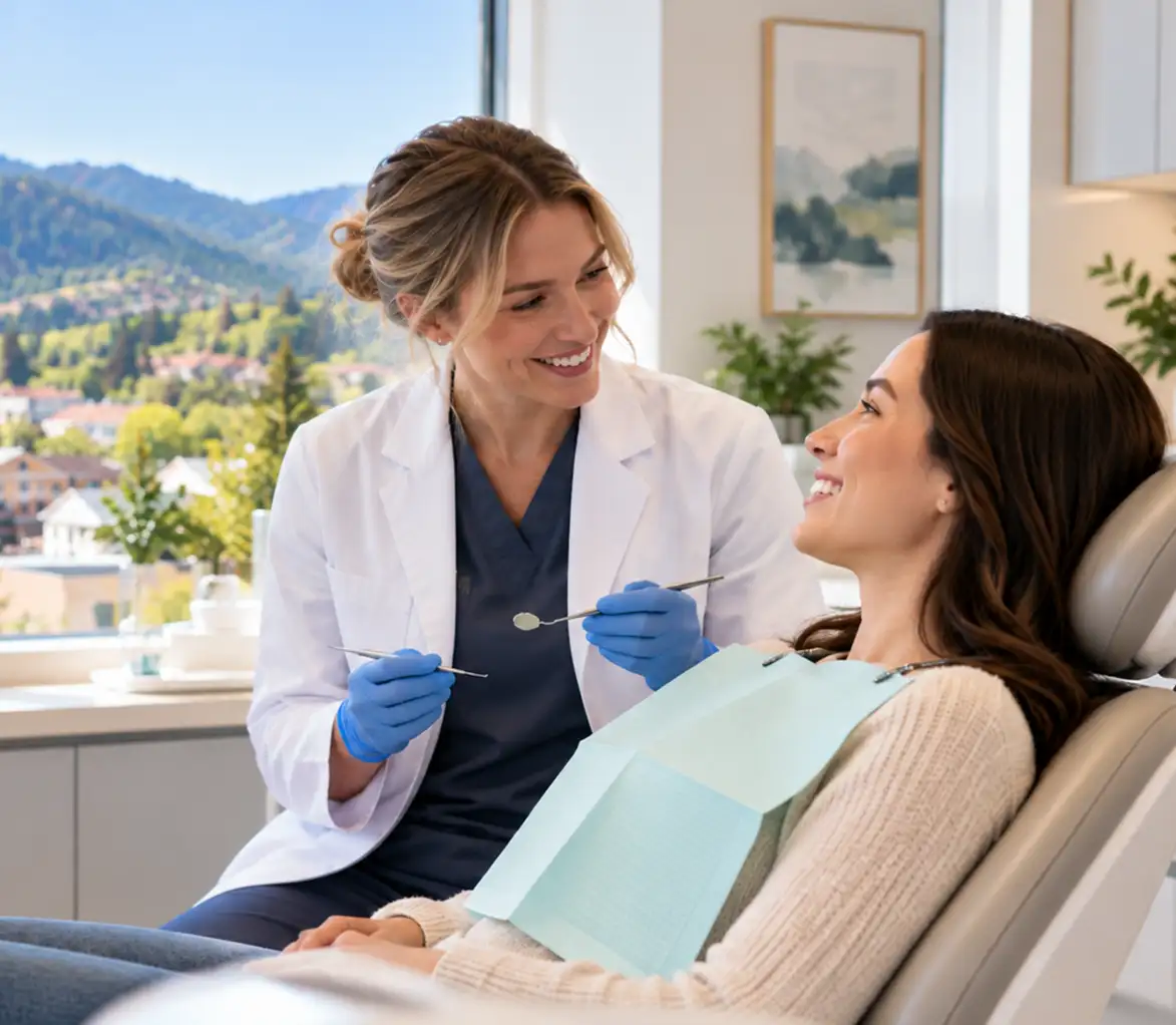 Dentist examining patient during routine dental appointment