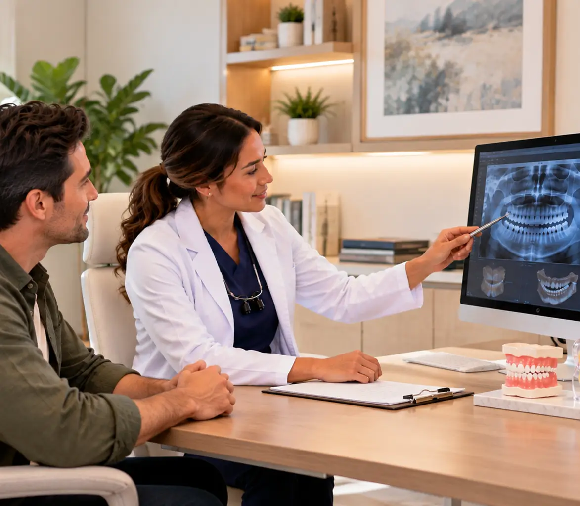 Dentist discussing dental X-rays with a male patient in a modern clinic.