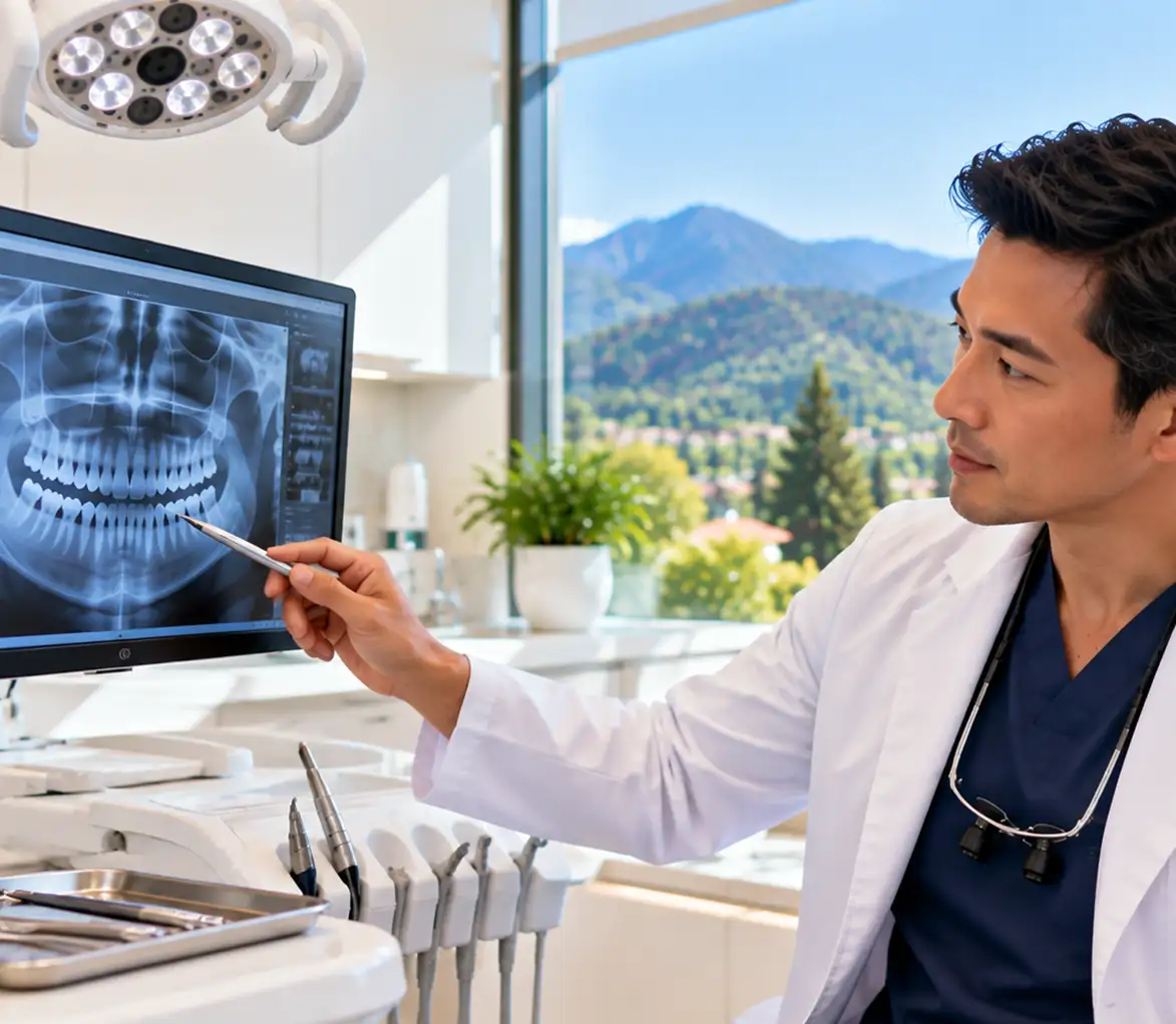 Dentist reviewing a patient’s dental X-ray in a modern clinic.