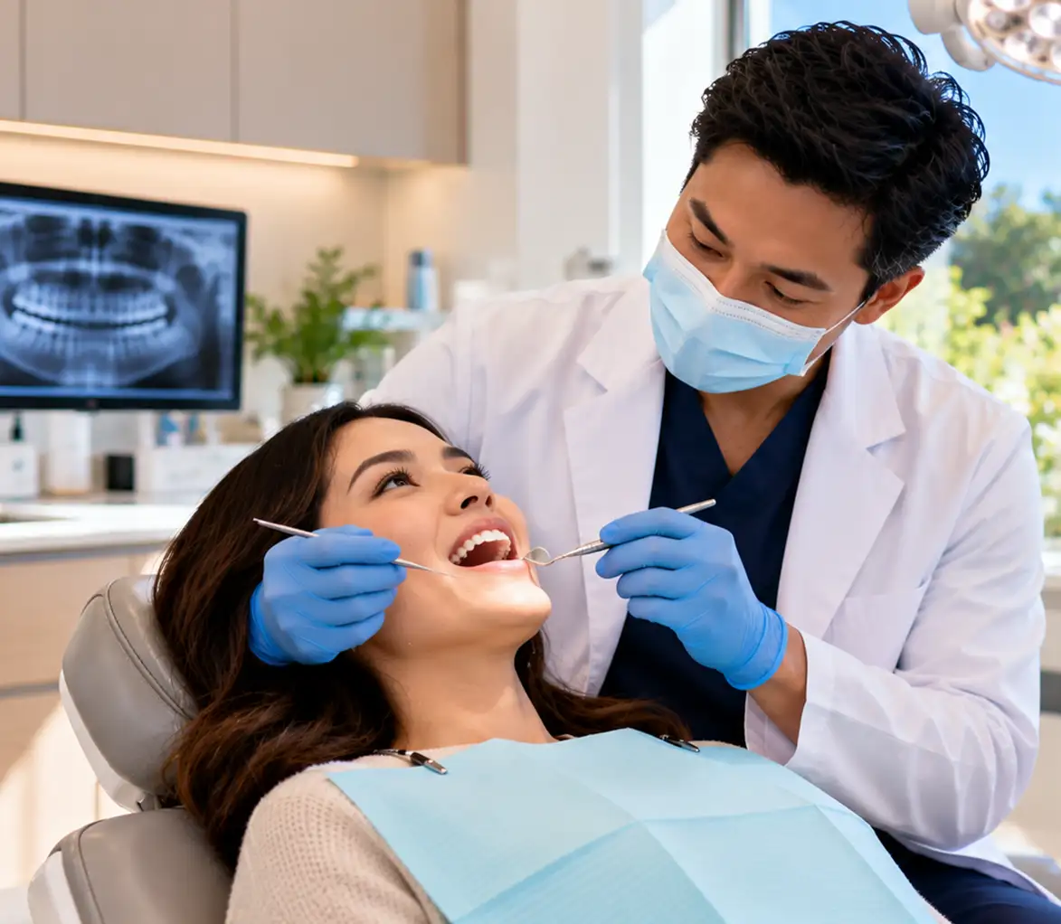 Dental professional examining patient’s teeth during treatment