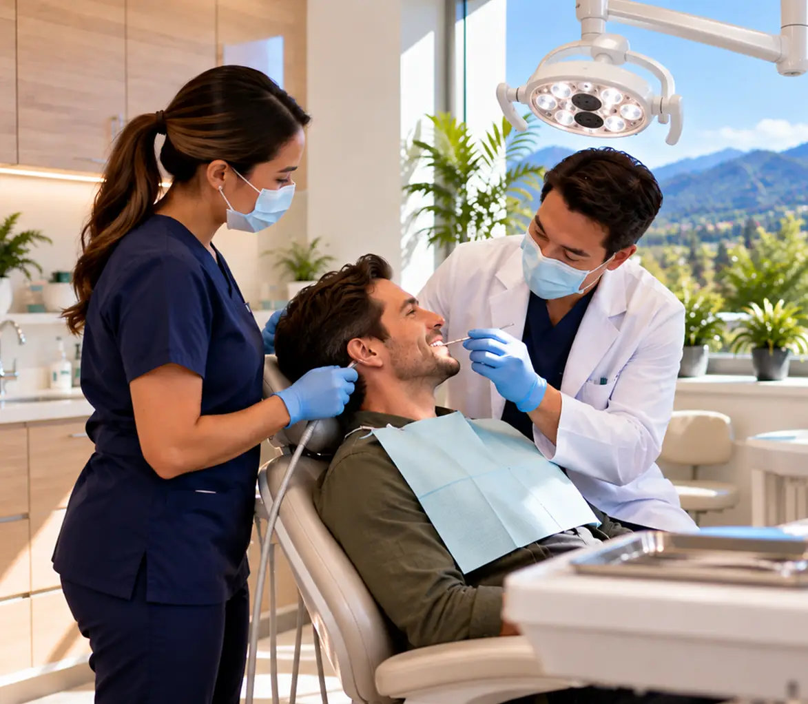Dentist and dental nurse treating a male patient in a modern dental clinic.