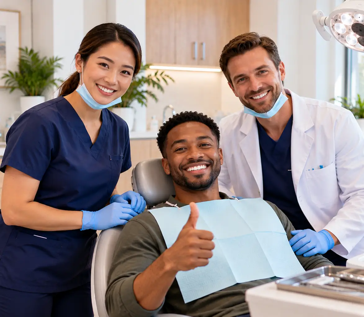miling dentist, dental assistant, and satisfied patient in a modern dental clinic.