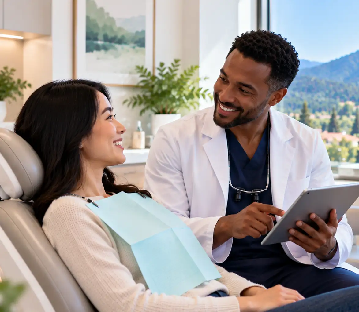Dentist discussing treatment options with patient in modern clinic
